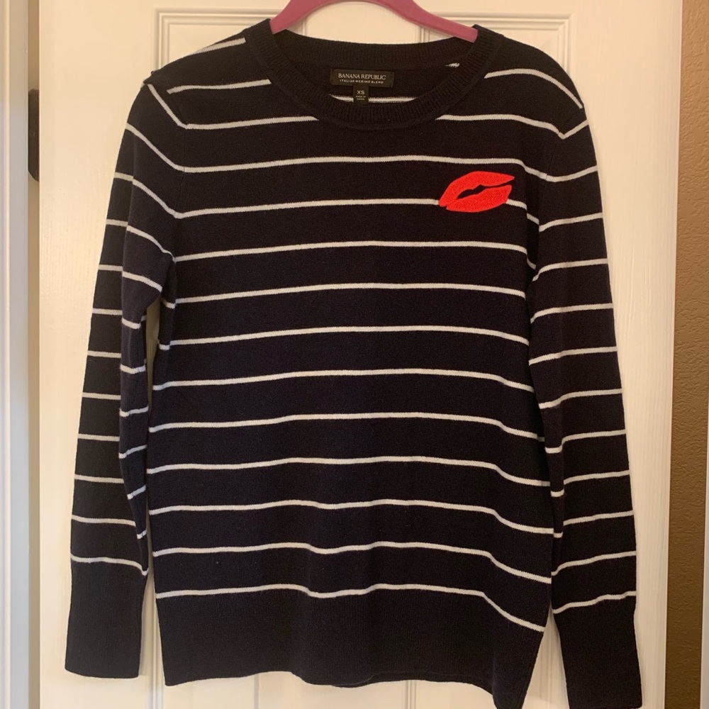 NWT Navy Blue Stripes and Red Lips Sweater